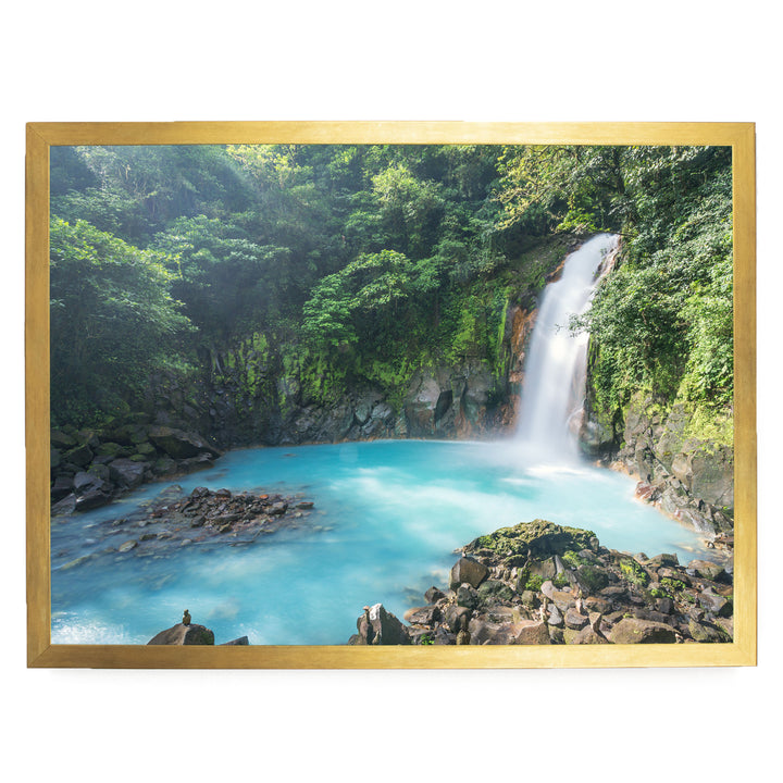 A serene waterfall cascades into a turquoise pool surrounded by lush, verdant foliage in a tranquil forest setting.