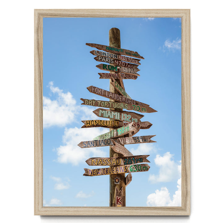 a wooden signpost with various destinations written on it, set against a blue sky with clouds.