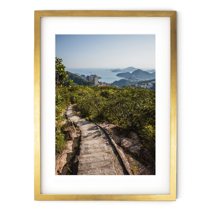 a framed photograph of a path leading to the ocean
