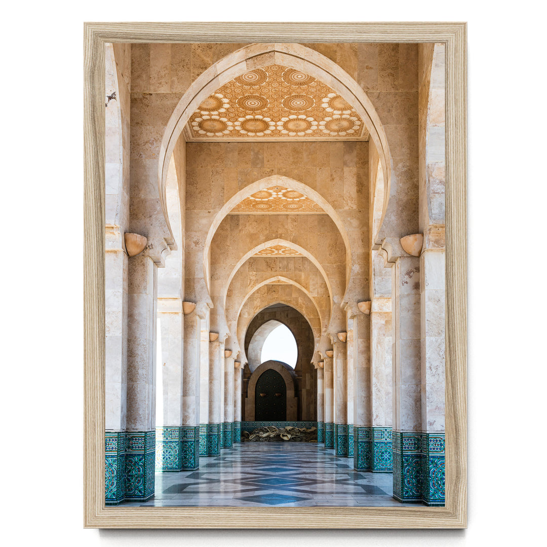 a long, ornate hallway with arched doorways and columns, creating a sense of depth and perspective.