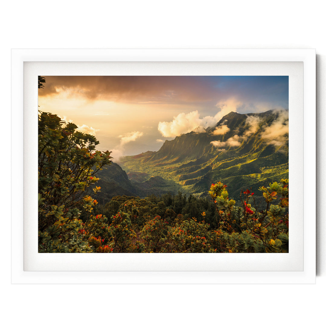 a breathtaking mountainous landscape with lush greenery, vibrant fall foliage, and a stunning sunset sky.