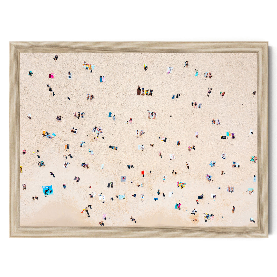 The image is a collage of various people enjoying a day at the beach, with many individuals scattered across the sandy surface.