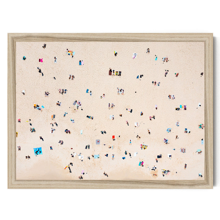 The image is a collage of various people enjoying a day at the beach, with many individuals scattered across the sandy surface.