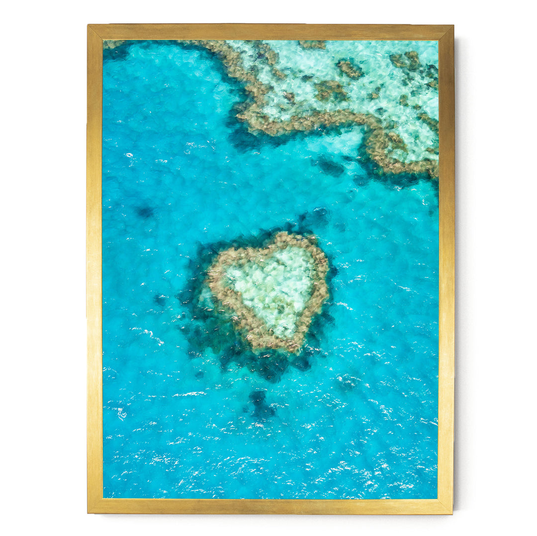a heart-shaped coral reef in the center, surrounded by the vibrant blue ocean water.