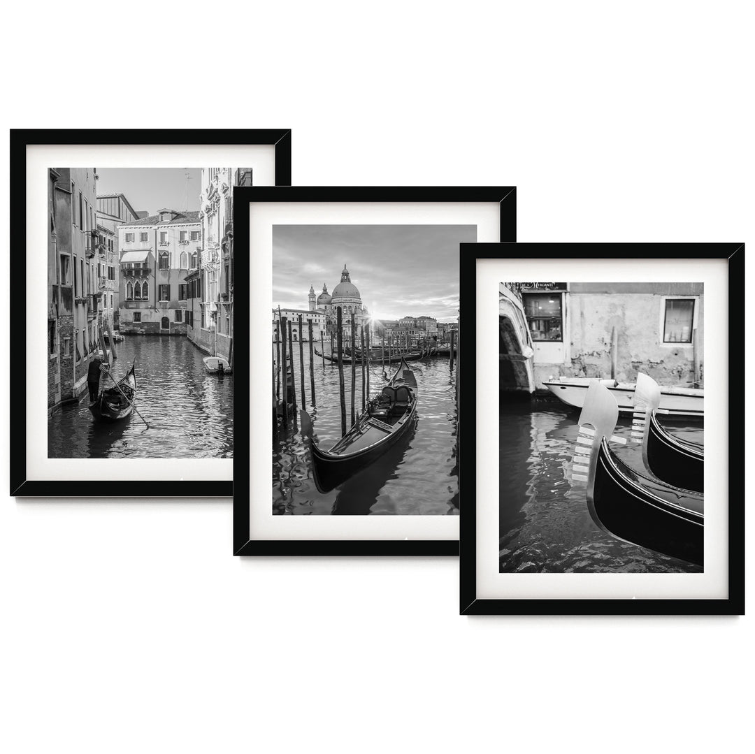 The image is a collage of three black and white photographs depicting gondolas on a canal in Venice, Italy.