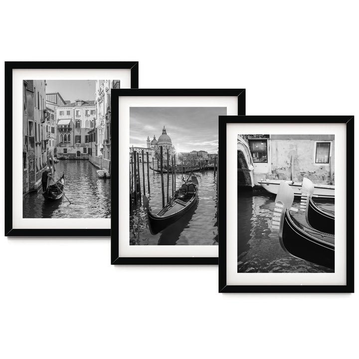 The image is a collage of three black and white photographs depicting gondolas on a canal in Venice, Italy.