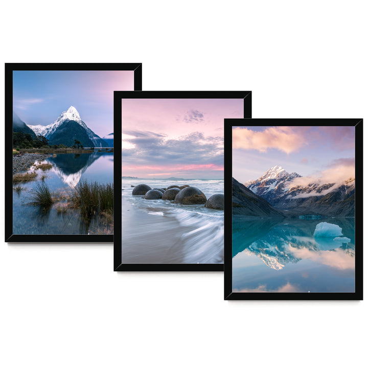 The image is a collage of three framed landscape photographs depicting various scenic mountain and beach landscapes.