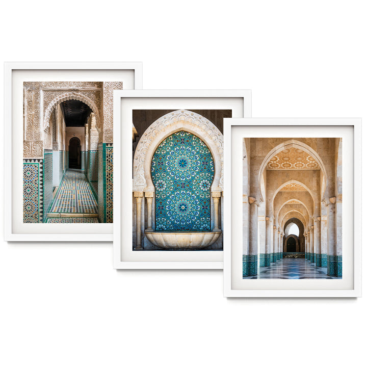 The image is a collage of three framed pictures, each depicting a different architectural structure. The first picture shows a doorway with intricate carvings, the second picture features a fountain with a blue and white pattern, and the third picture showcases a long hallway with arched doorways.