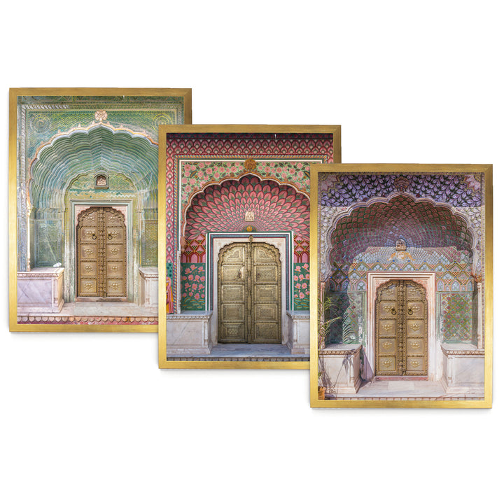 The image is a collage of three framed pictures, each depicting a different ornate doorway with intricate designs and patterns.