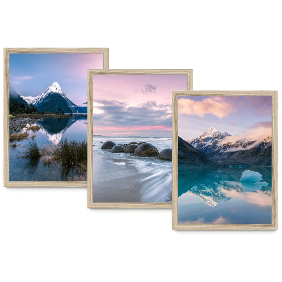 The image is a collage of three framed landscape photographs depicting various scenic mountain and beach landscapes.