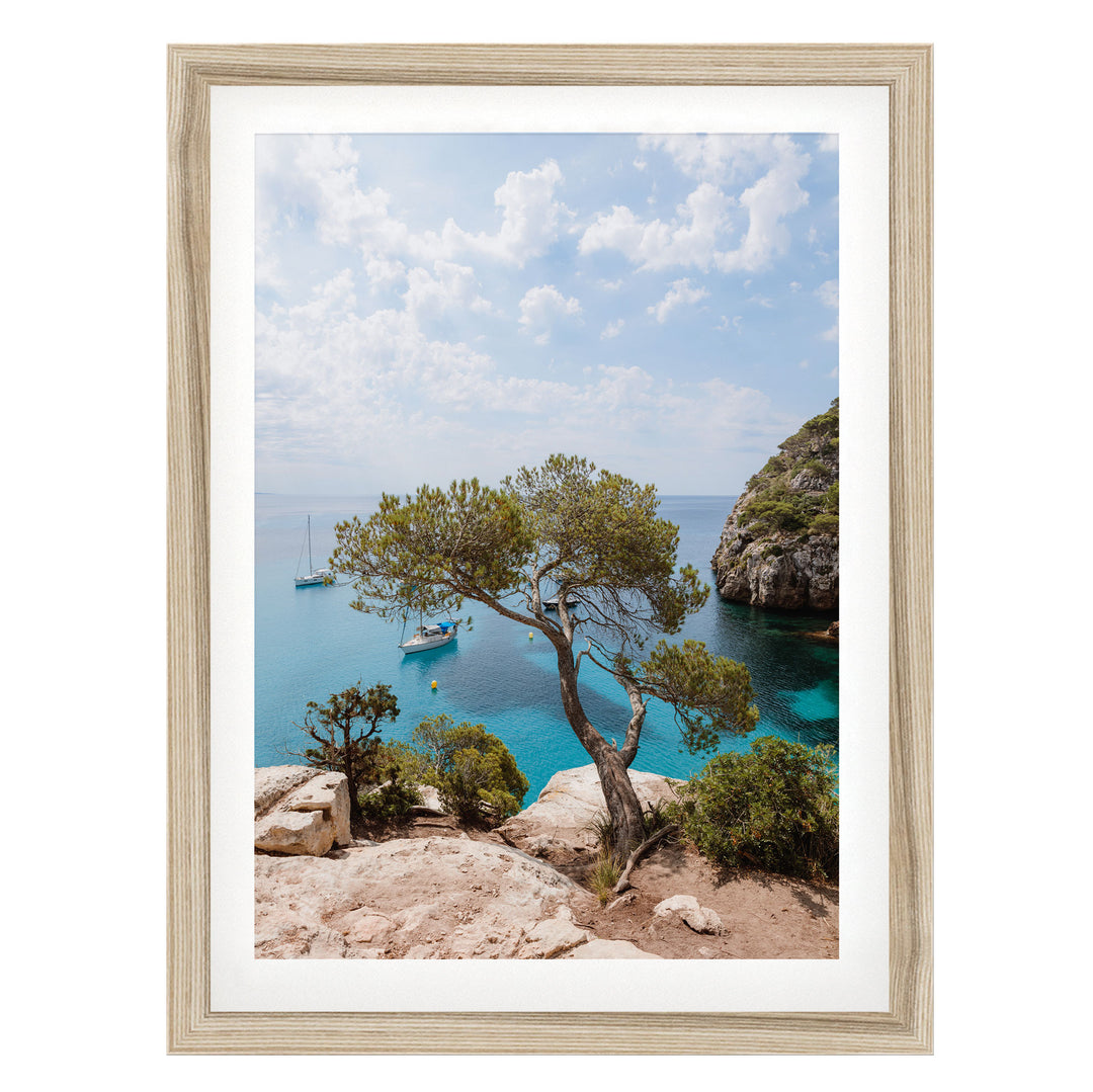 A framed photograph depicting a scenic view of a rocky coastline with a large tree, a small boat, and a clear blue sky with clouds.