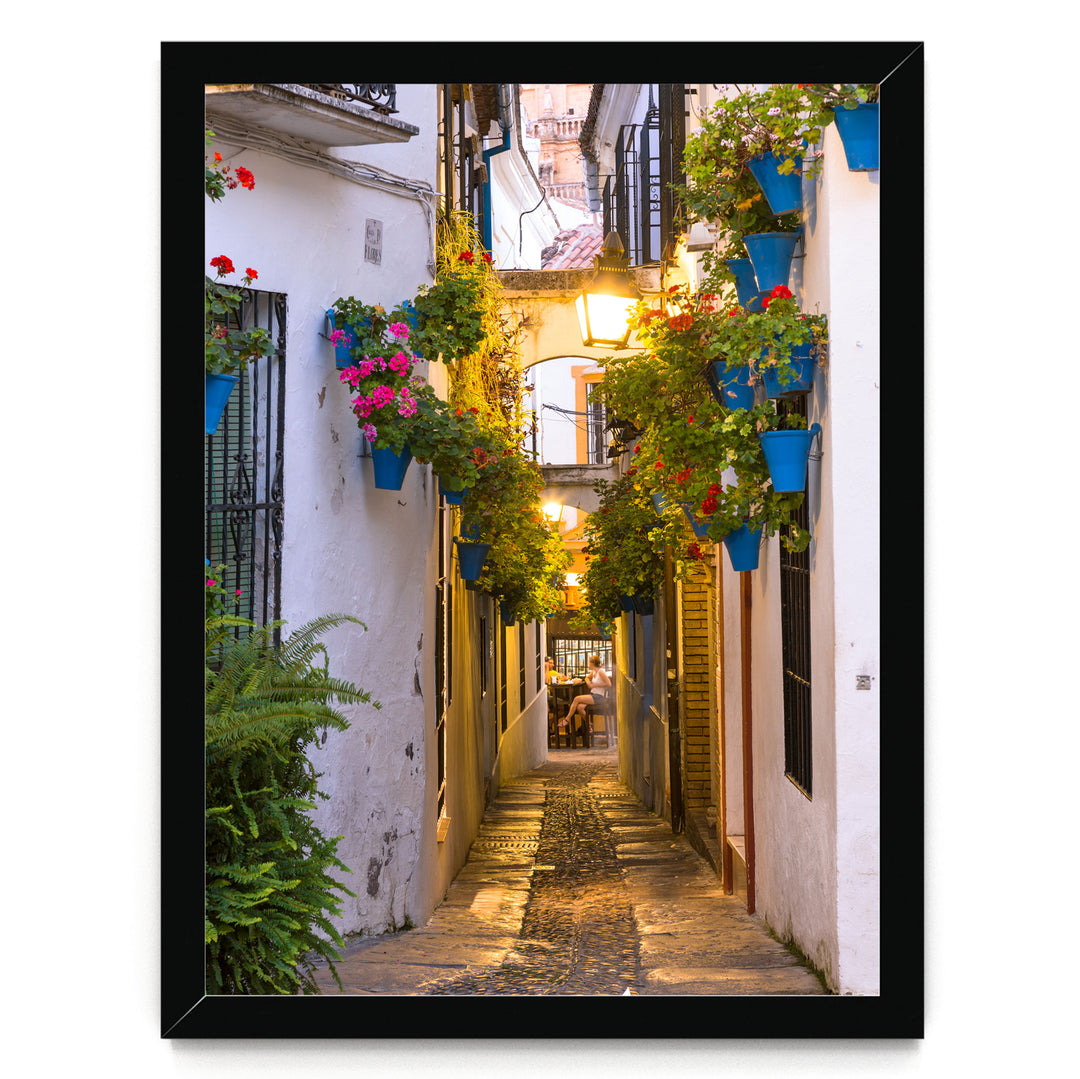 A narrow, cobblestone street lined with colorful flower pots and plants, creating a charming and picturesque scene.