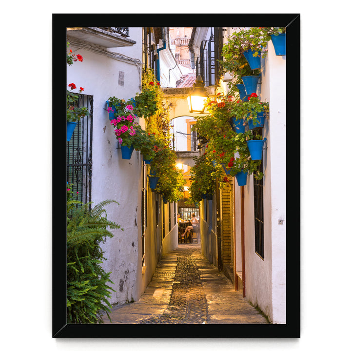 A narrow, cobblestone street lined with colorful flower pots and plants, creating a charming and picturesque scene.