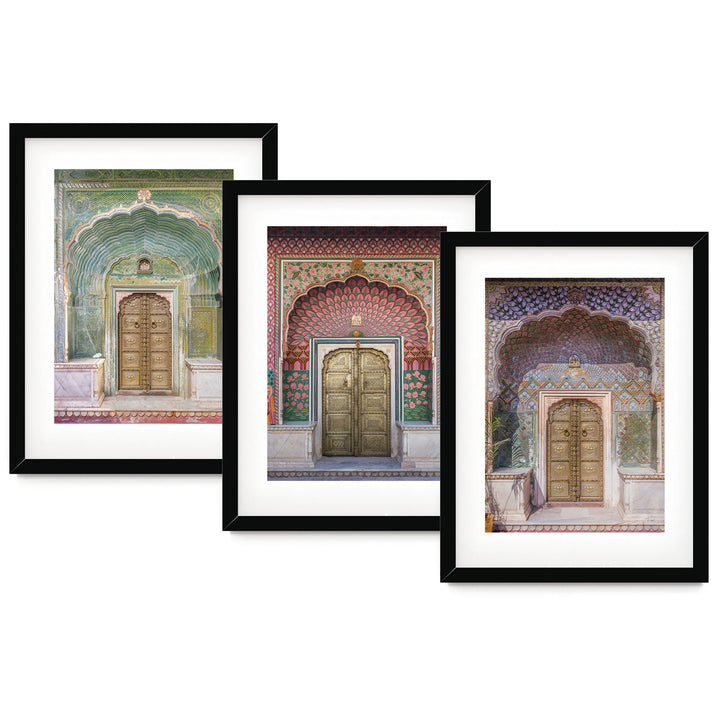 three framed paintings of doors and a doorway