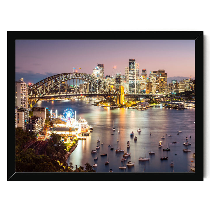 a vibrant cityscape at night, with a large bridge spanning a river and numerous boats dotting the water. The city skyline is illuminated by the lights of the buildings, creating a stunning and captivating scene.