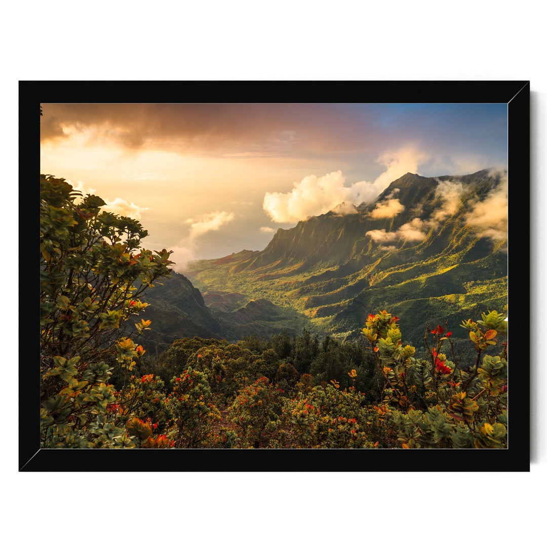 a breathtaking mountainous landscape with lush greenery, vibrant fall foliage, and a dramatic sky filled with clouds and warm hues of sunset.