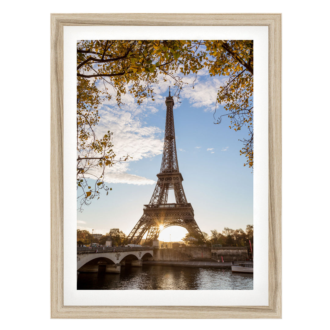 the Eiffel Tower, a famous landmark in Paris, France, with a bridge and trees in the foreground.