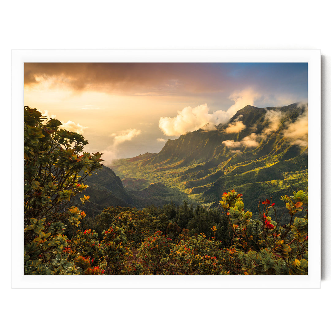 a breathtaking mountainous landscape with lush greenery, vibrant flowers, and a dramatic sky filled with clouds and warm hues of orange and yellow.