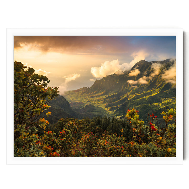 a breathtaking mountainous landscape with lush greenery, vibrant flowers, and a dramatic sky filled with clouds and warm hues of orange and yellow.