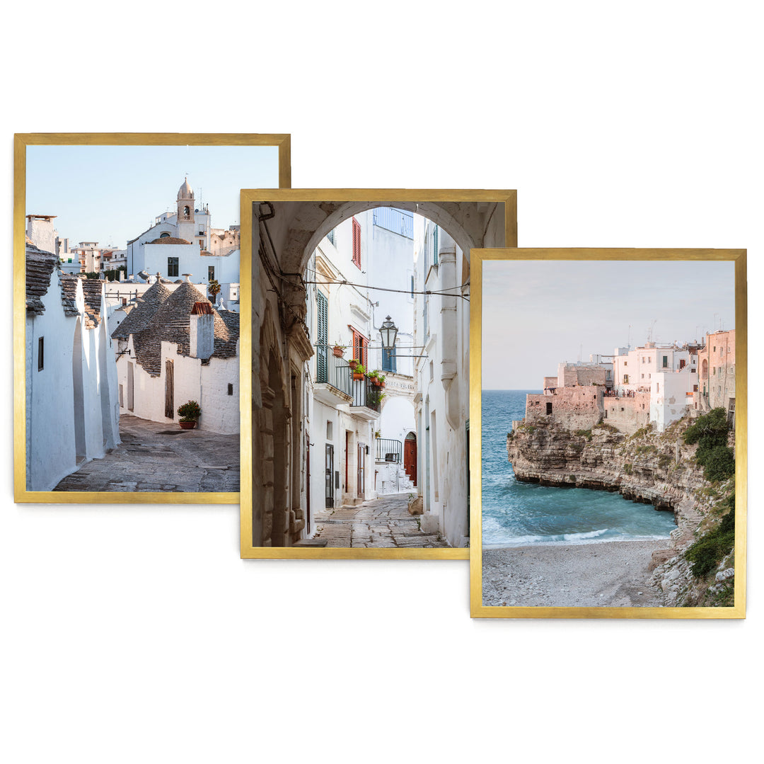 The image is a collage of three pictures, each depicting different scenes of a coastal town. The first picture shows a narrow street lined with white buildings, the second picture depicts a street with a lighthouse, and the third picture captures a beach with a rocky cliff overlooking the ocean.