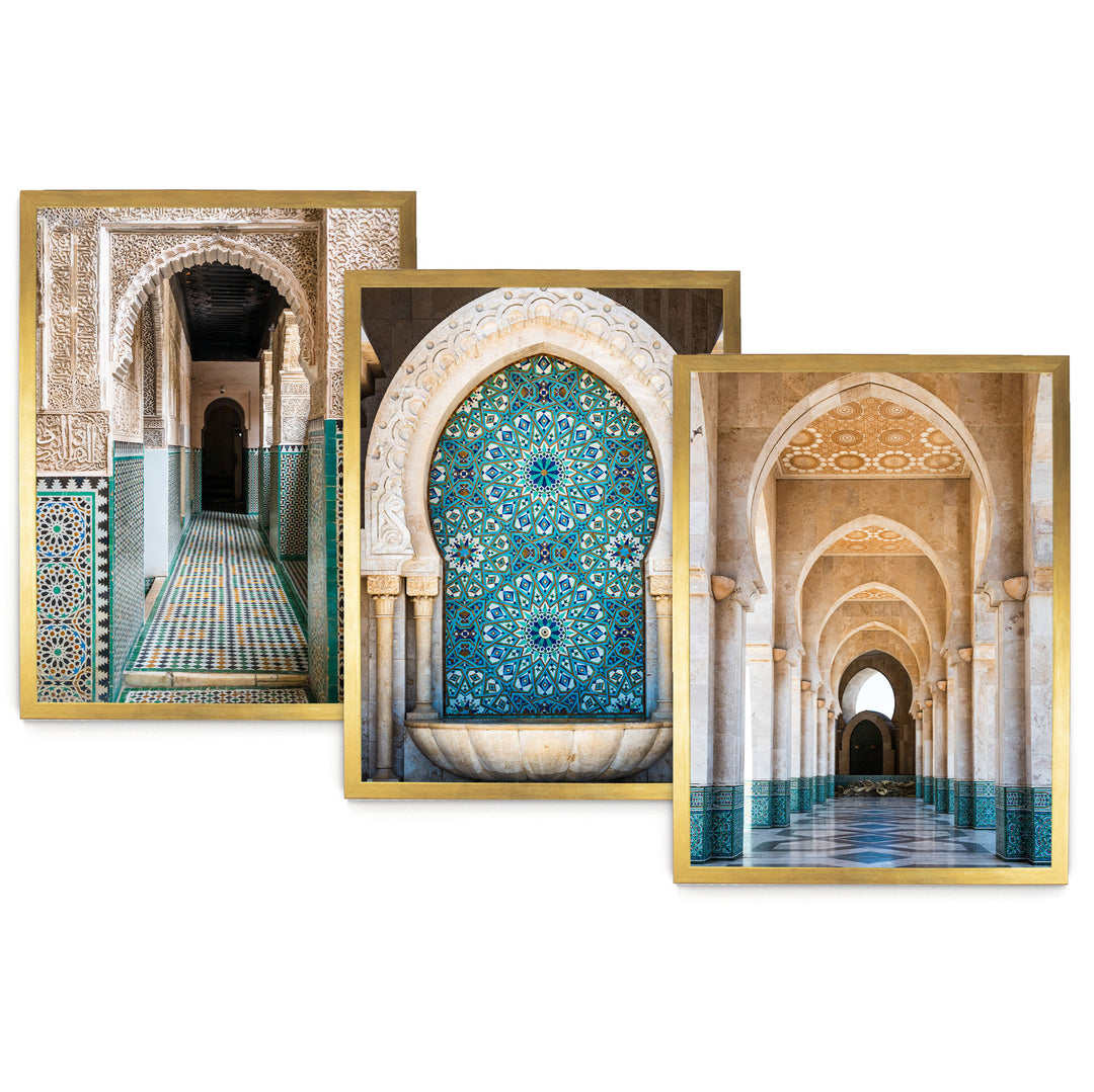 The image is a collage of three framed photographs depicting ornate architectural structures, including arches, columns, and intricate tile work.