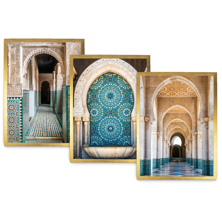 The image is a collage of three framed photographs depicting ornate architectural structures, including arches, columns, and intricate tile work.