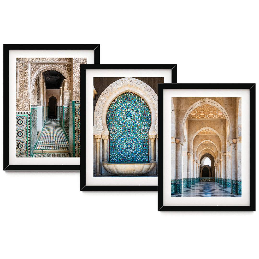 The image is a collage of three framed pictures, each depicting a different architectural structure. The first picture shows a doorway with intricate carvings, the second picture features a fountain with a blue and white pattern, and the third picture showcases a long hallway with arched doorways.