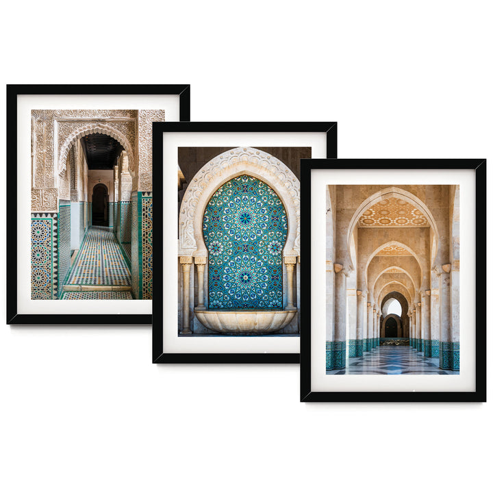 The image is a collage of three framed pictures, each depicting a different architectural structure. The first picture shows a doorway with intricate carvings, the second picture features a fountain with a blue and white pattern, and the third picture showcases a long hallway with arched doorways.
