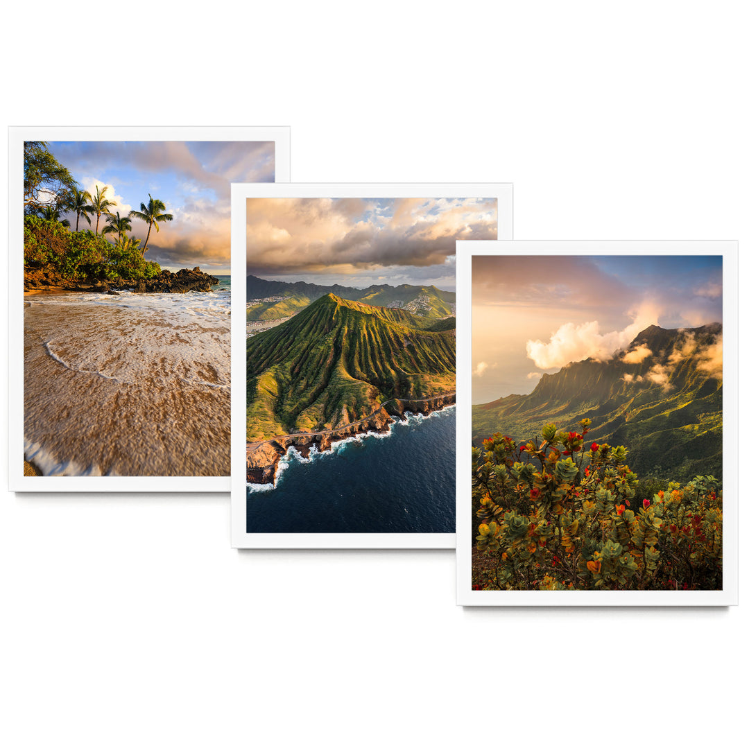 The image is a collage of three pictures depicting various landscapes, including a beach, mountains, and a coastal area.