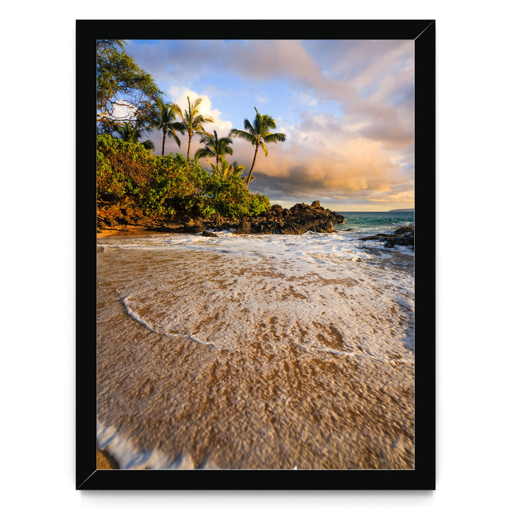 A framed photograph depicting a tropical beach scene with palm trees, a rocky outcropping, and crashing waves.