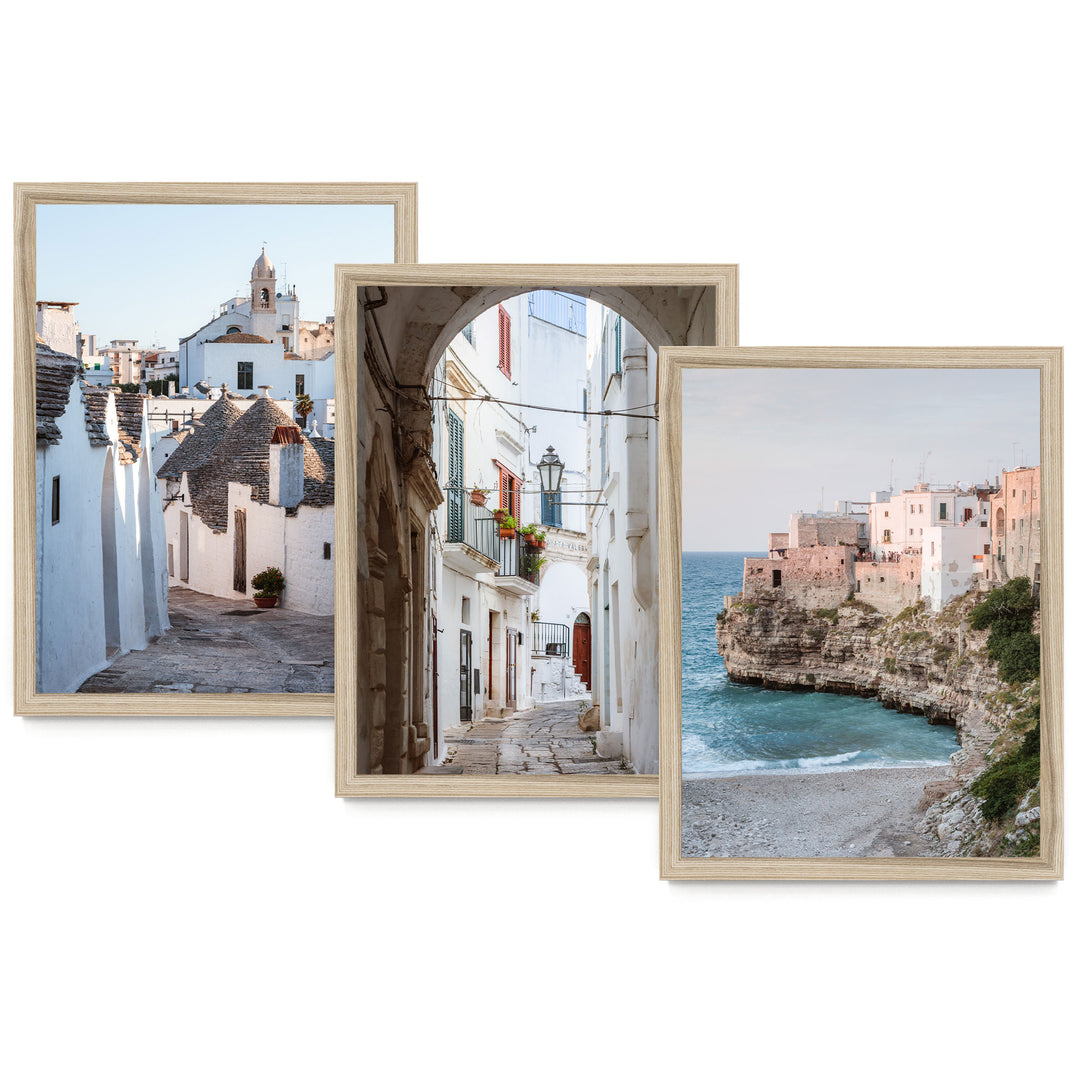 The image is a collage of three pictures, each depicting different scenes of a coastal town. The first picture shows a narrow street lined with white buildings, the second picture depicts a picturesque alleyway with a church, and the third picture captures a beach with a rocky cliff overlooking the ocean.