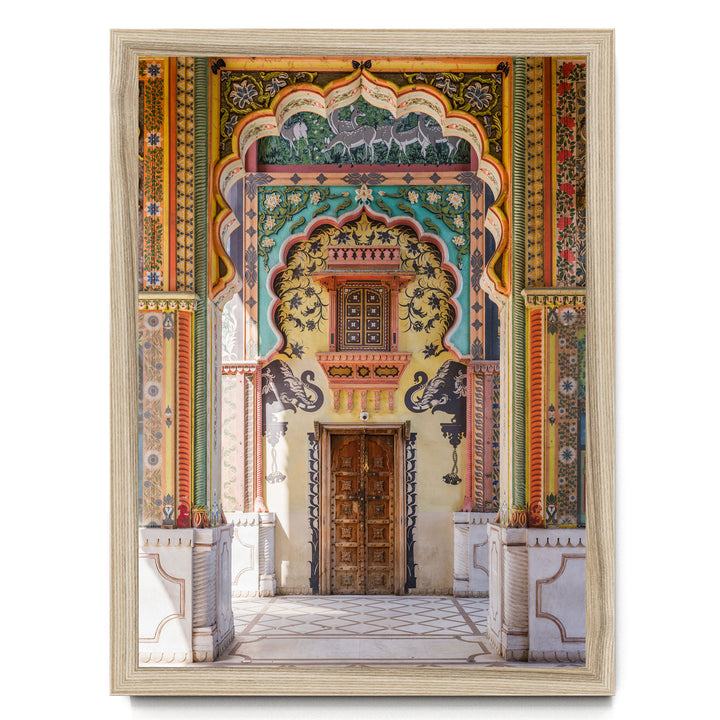 a colorful and ornate doorway with intricate patterns and designs, including a wooden door and decorative elements.