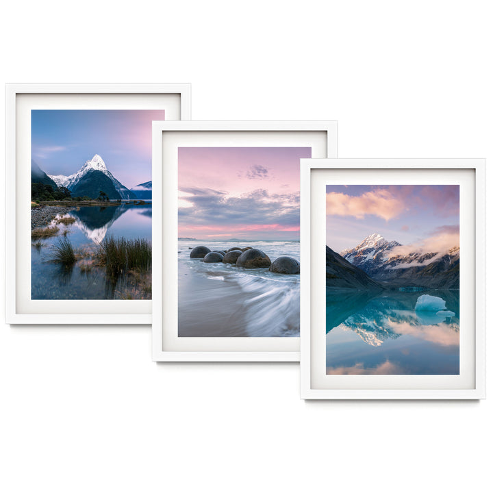 The image is a collage of three framed landscape photographs depicting various scenic mountain and beach scenes.