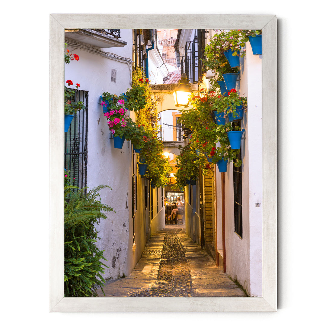 A narrow, cobblestone street lined with colorful flower pots and plants, creating a charming and picturesque scene.