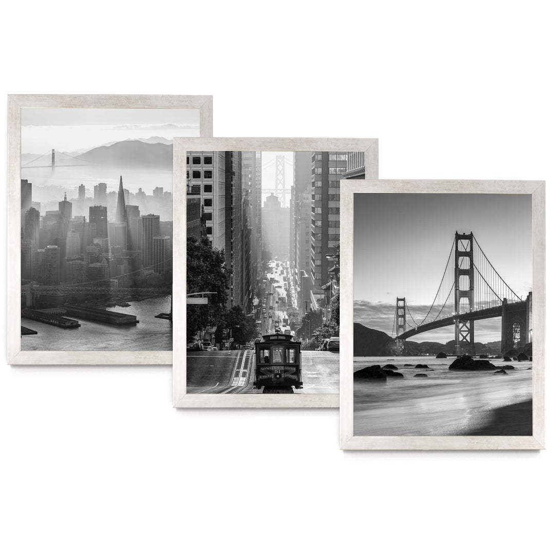 The image is a collage of three black and white photographs depicting various scenes from the San Francisco Bay area, including the Golden Gate Bridge, the city skyline, and a trolley car.