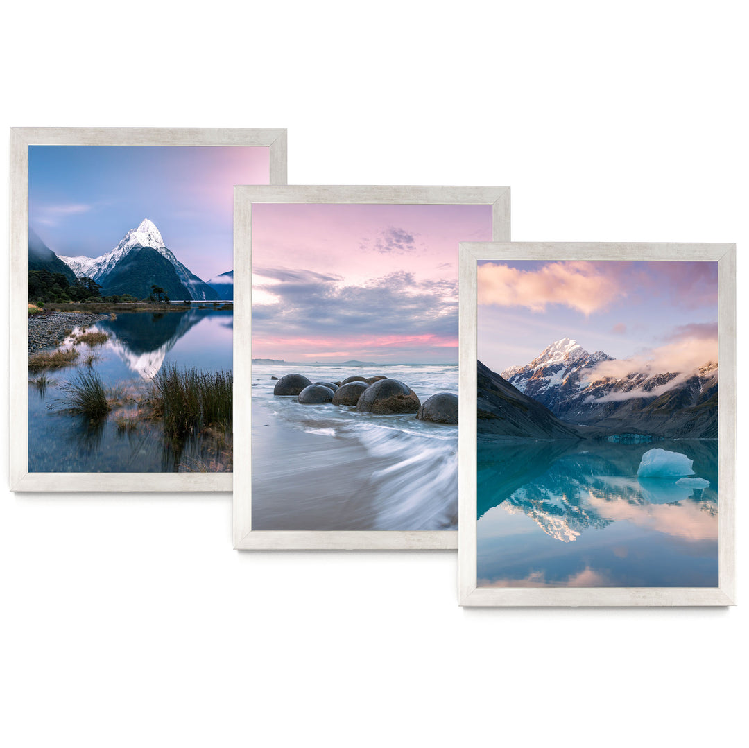 The image is a collage of three pictures depicting various scenic landscapes, including mountains, water, and a beach.