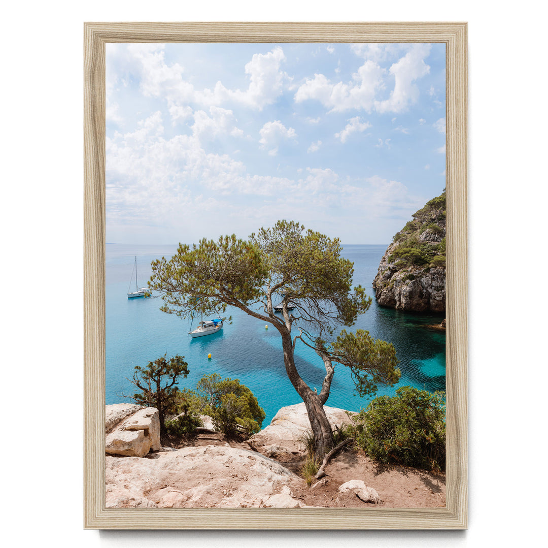 A scenic view of a rocky coastline with a large tree, a calm blue sea, and two boats in the distance.
