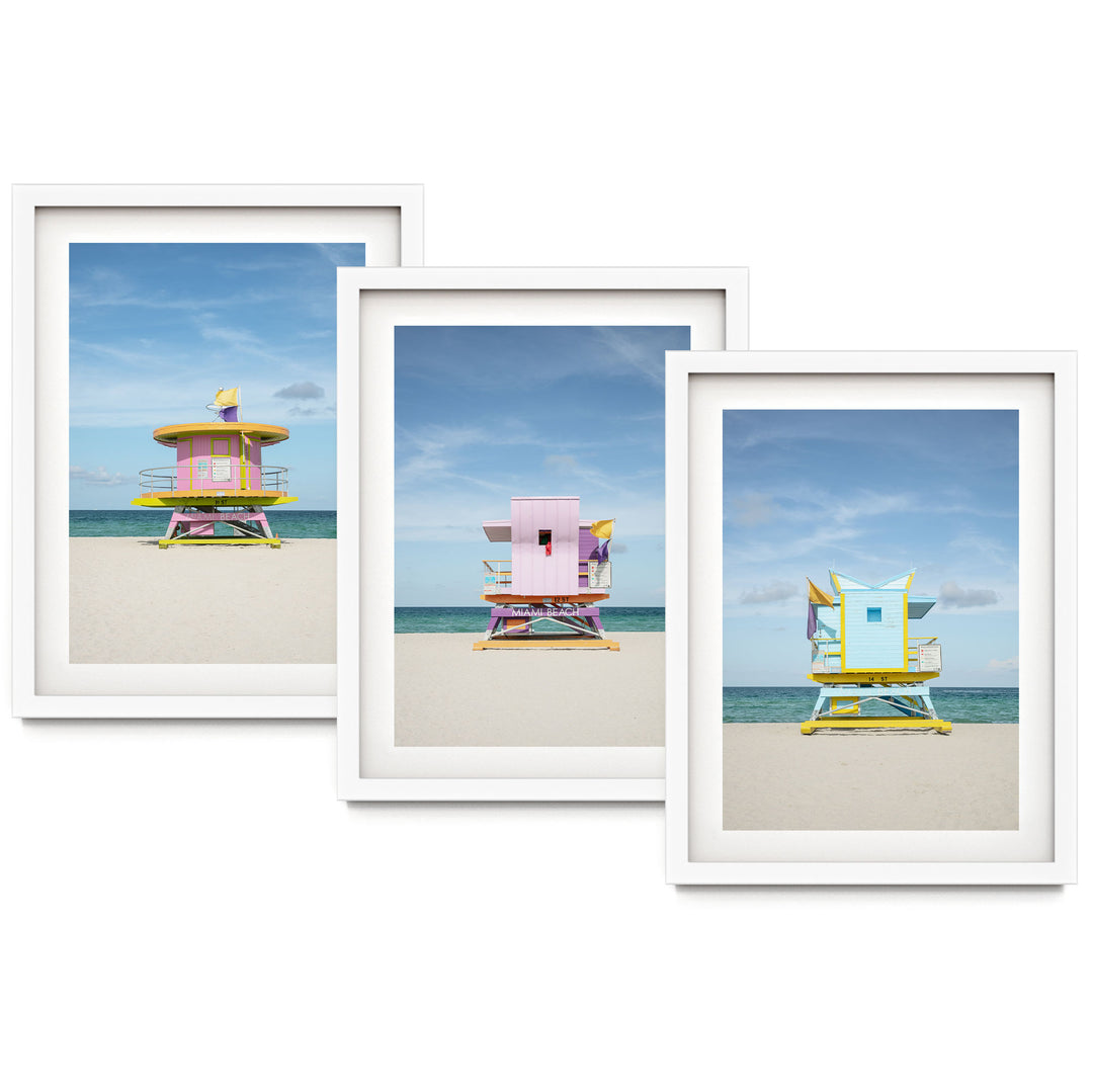 The image is a collage of three framed pictures depicting colorful lifeguard towers on a beach.