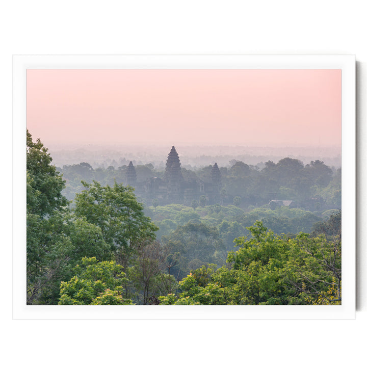 a lush, verdant landscape with a temple visible in the distance, surrounded by a dense forest.
