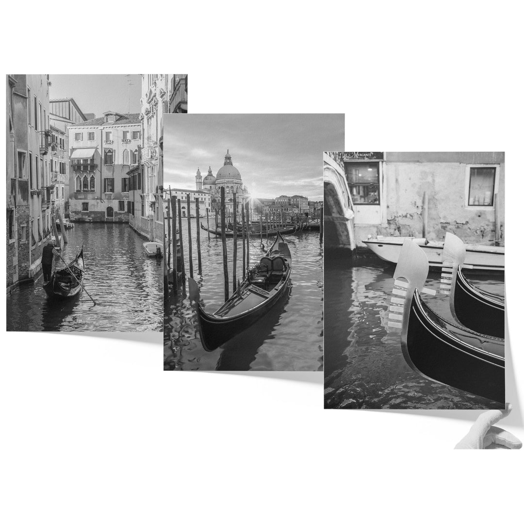 The image is a collage of three black and white photographs depicting gondolas on a canal in Venice, Italy.