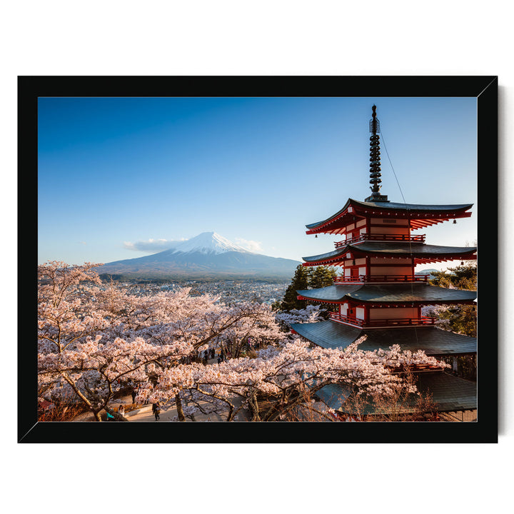 A red pagoda stands in the foreground, with cherry blossoms in full bloom in the background, overlooking a snow-capped mountain.