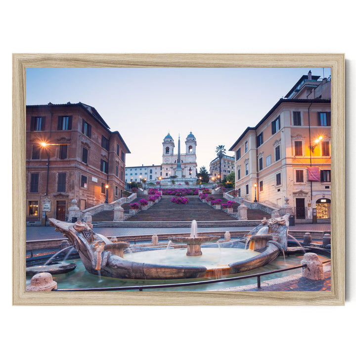 a picturesque scene of a fountain surrounded by ornate statues and buildings, with a church steeple visible in the background.