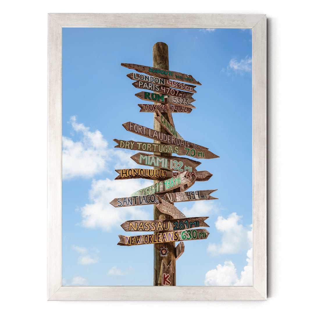 a wooden signpost with various destinations written on it, including London, Paris, New York, Miami, and others, against a blue sky with clouds.