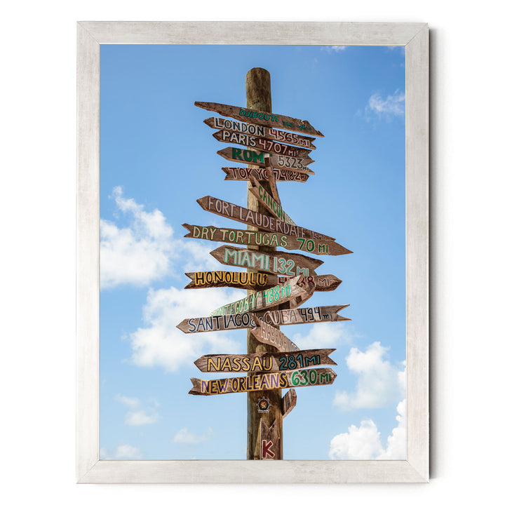 a wooden signpost with various destinations written on it, including London, Paris, New York, Miami, and others, against a blue sky with clouds.