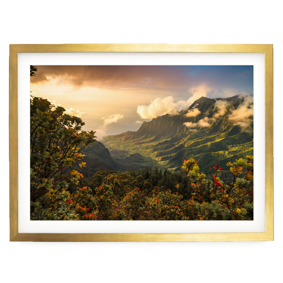 a breathtaking mountainous landscape with lush greenery, vibrant flowers, and a dramatic sky filled with clouds.