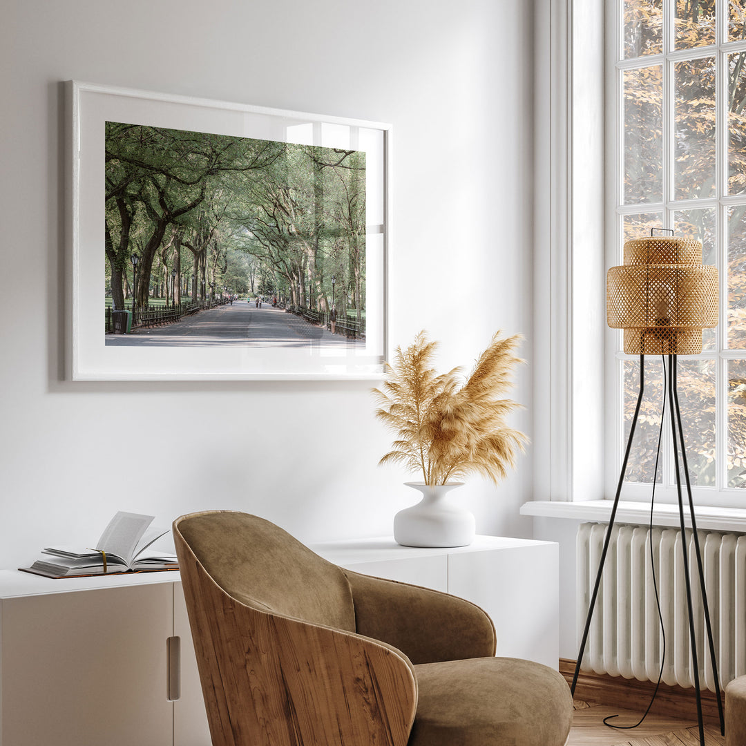 a serene indoor setting with a large framed picture of a tree-lined street hanging on the wall, a wooden chair, a white vase with dried flowers, and a floor lamp.