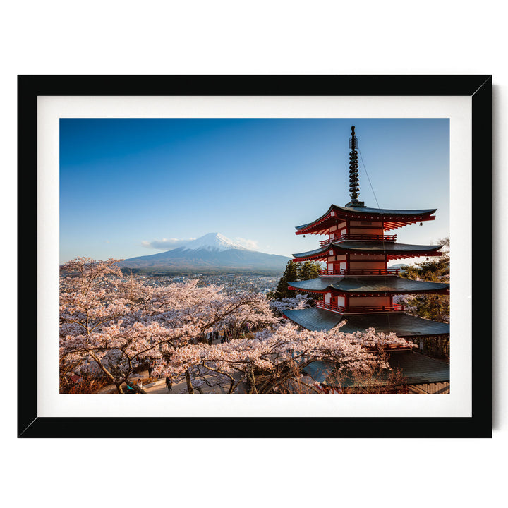 A framed photograph of a traditional Japanese pagoda overlooking a mountain with cherry blossoms in full bloom, set against a clear blue sky.