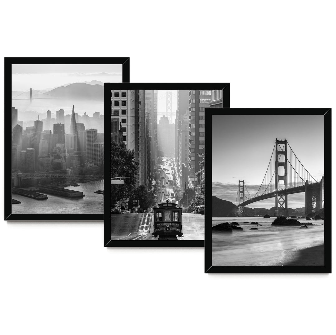 The image is a collage of three black and white photographs depicting various cityscapes, including a city skyline, a trolley car, and the Golden Gate Bridge.