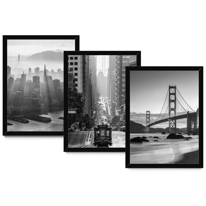 The image is a collage of three black and white photographs depicting various cityscapes, including a city skyline, a trolley car, and the Golden Gate Bridge.