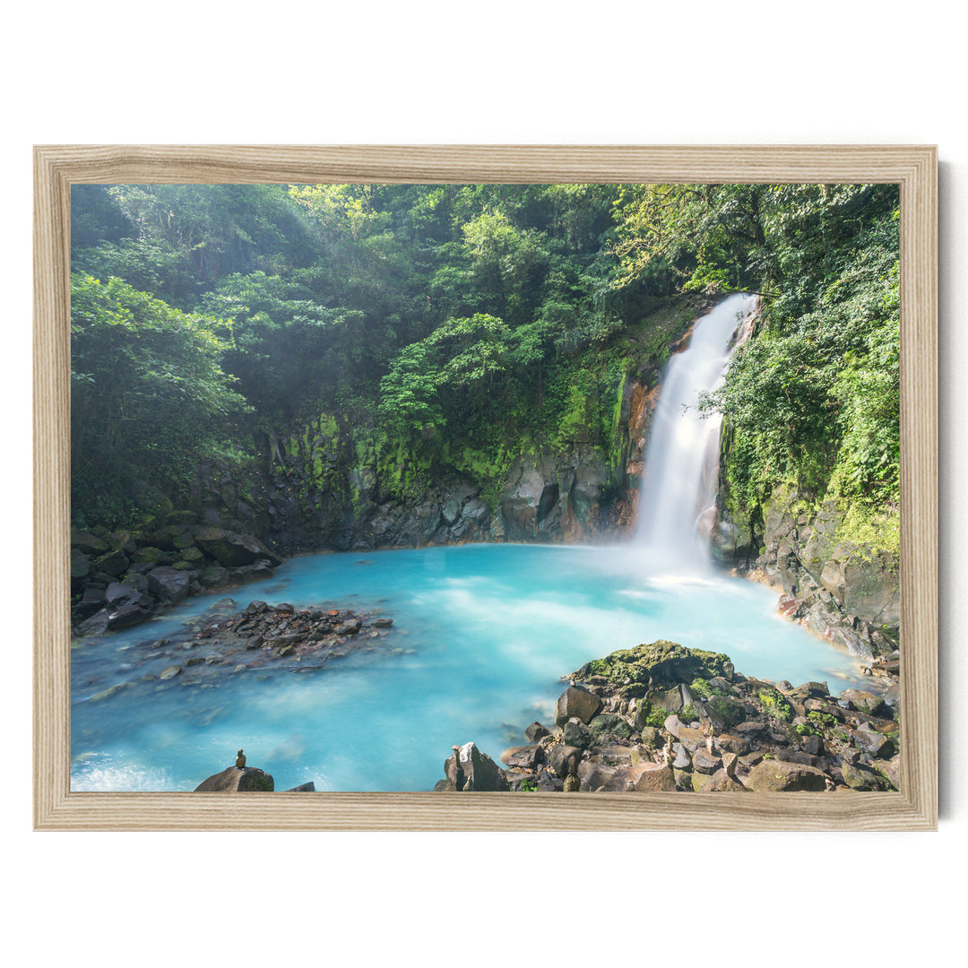 A serene waterfall cascades into a turquoise pool surrounded by lush, verdant foliage in a tranquil forest setting.